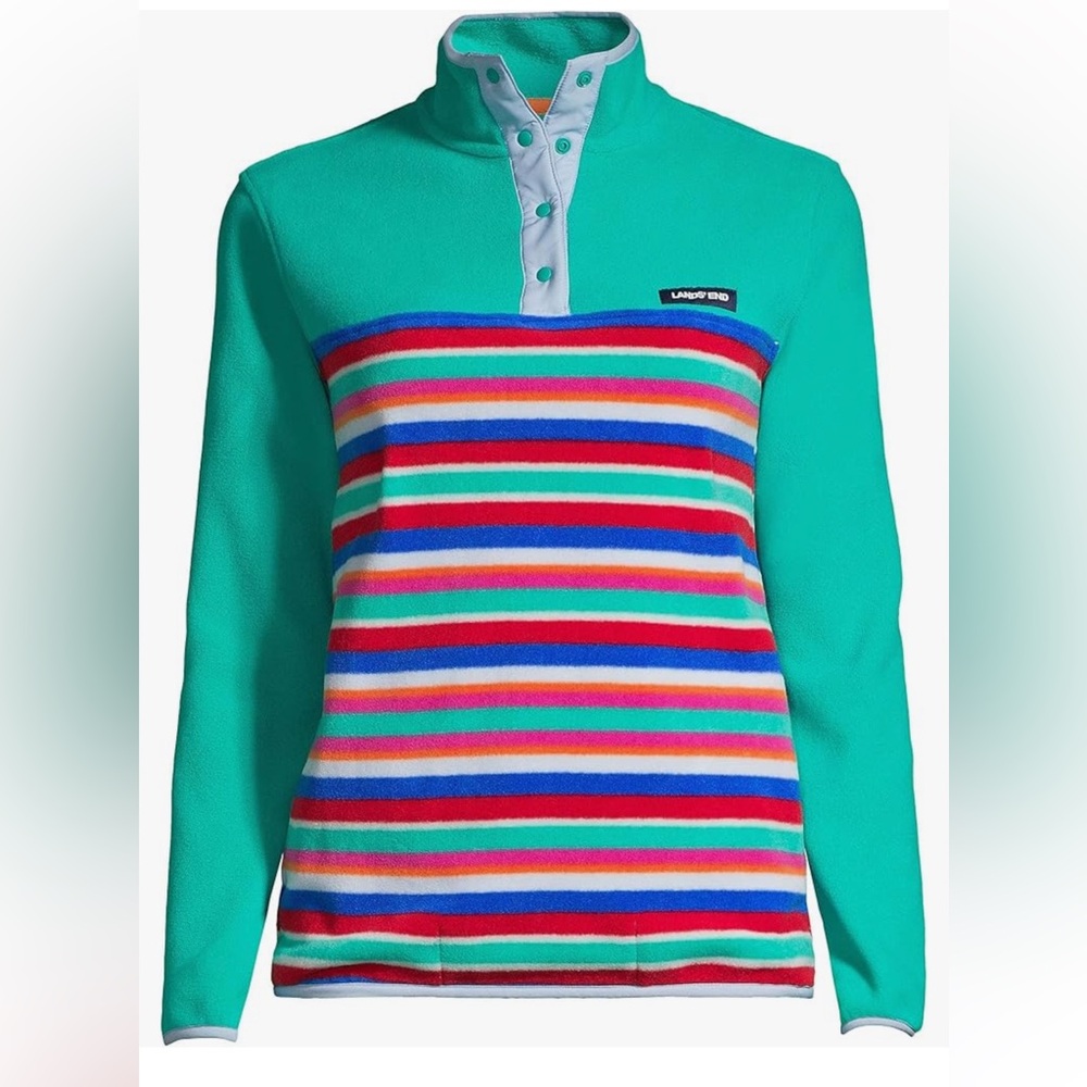 Women’s Lands’ End Heritage fleece pull over snap green striped jacket. Medium - Picture 16 of 16